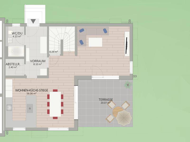 Grundriss des Erdgeschosses mit offenem Wohn-Küchenbereich, WC/Dusche und großer Terrasse.