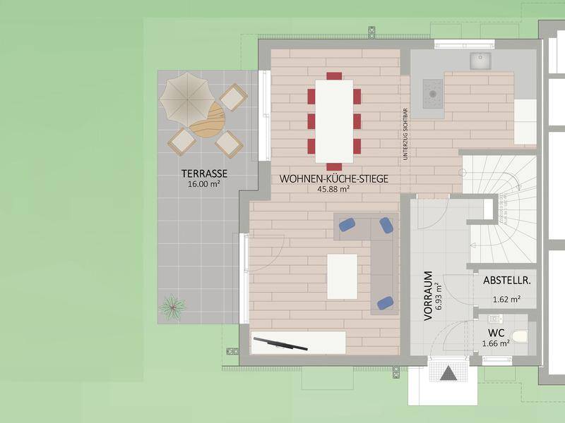 Grundriss des Erdgeschosses mit offenem Wohn-Küchenbereich, Terrasse und Gäste-WC.