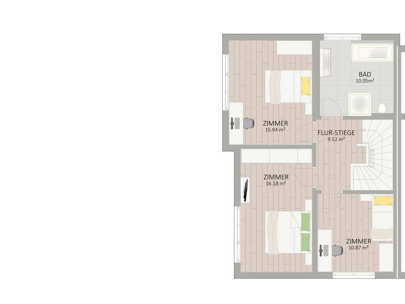 Grundriss des Obergeschosses mit drei Schlafzimmern und einem Badezimmer.