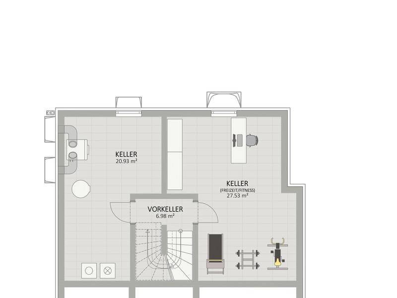 Grundriss des Kellers mit Abstellräumen und einem Bereich für Freizeit oder Fitness.