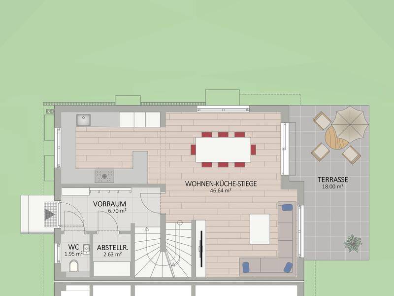 Grundriss des Erdgeschosses mit offenem Wohn-Kochbereich, Gäste-WC und Zugang zur Terrasse.