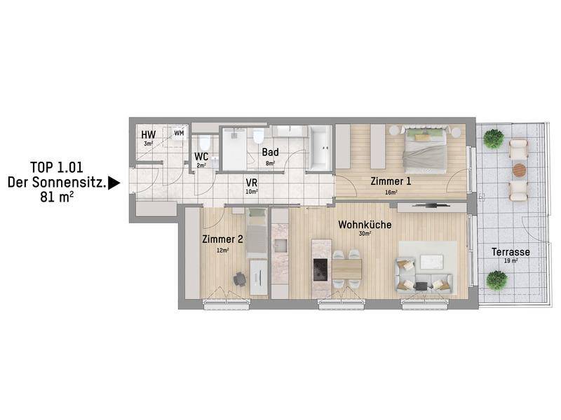 Grundriss der Wohnung TOP 1.01 mit 81 m², offener Wohnküche und großer Terrasse.