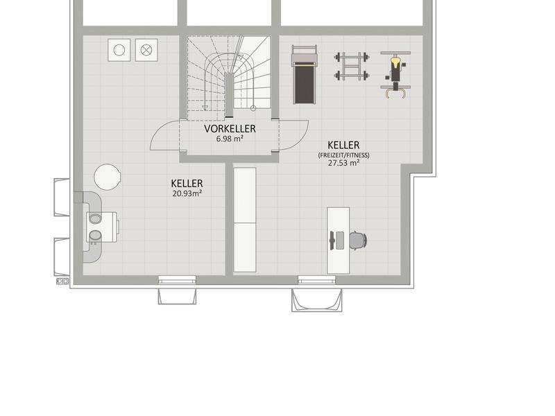 Grundriss des Kellers mit Freizeitbereich, Fitnessgeräten und zusätzlichem Stauraum.