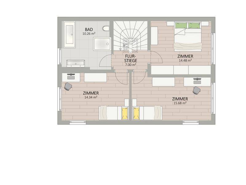 Grundriss des Obergeschosses mit drei Schlafzimmern und einem geräumigen Badezimmer.