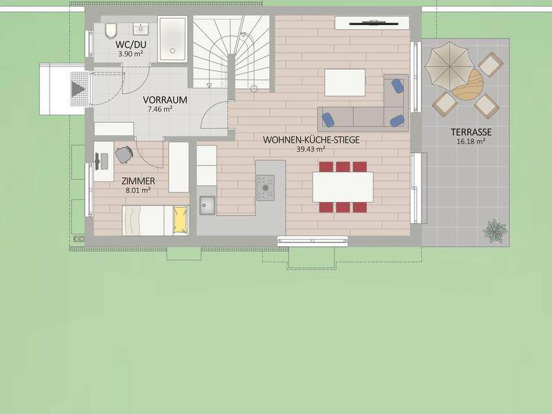 Grundriss des Erdgeschosses mit offener Wohnküche, einem Zimmer und Zugang zur Terrasse.