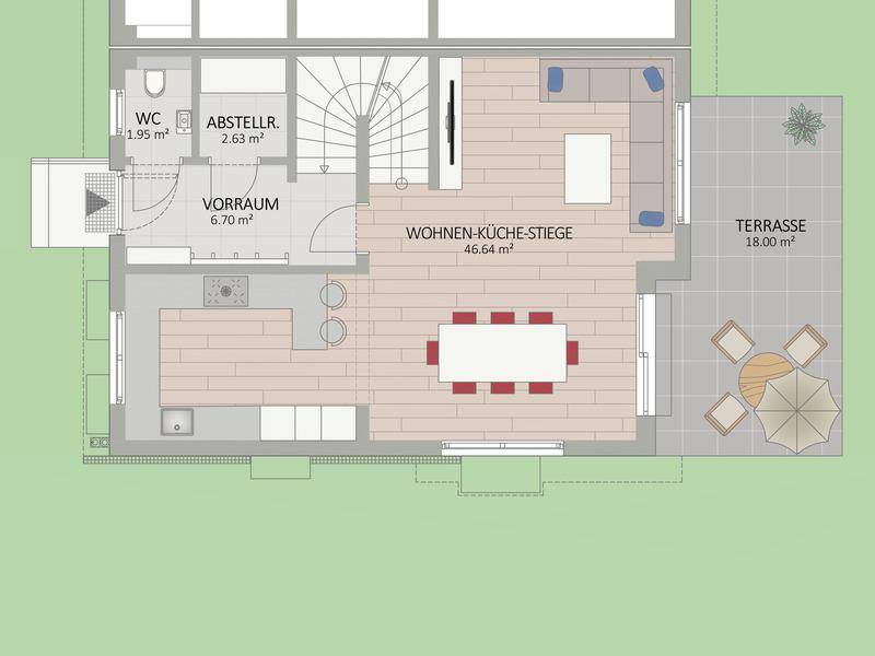 Grundriss des Erdgeschosses mit offenem Wohn-Essbereich, Küche und Zugang zur Terrasse.
