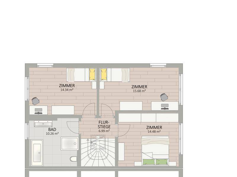 Grundriss des Obergeschosses mit drei Zimmern, einem Badezimmer und Treppenaufgang.