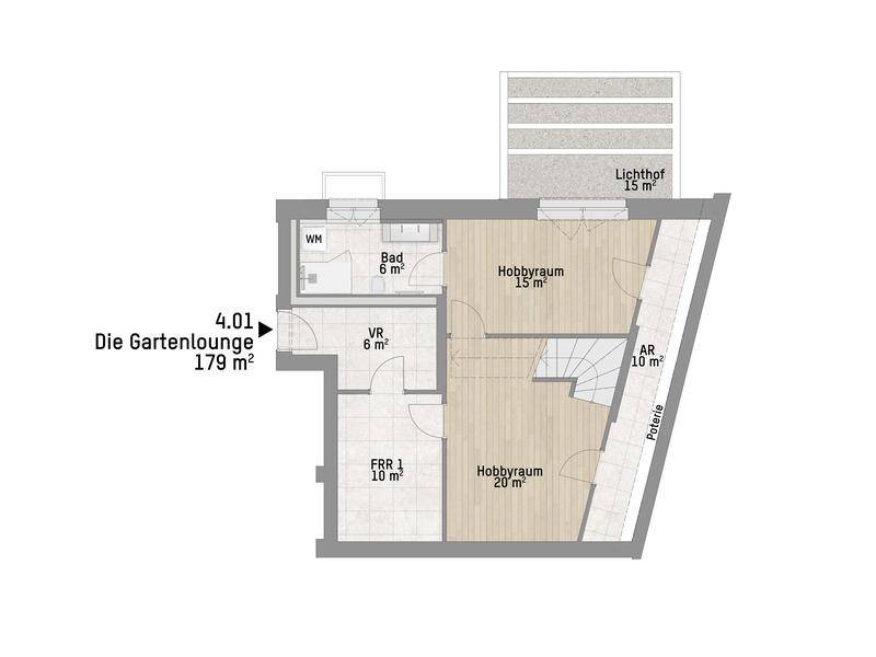 Grundriss des Untergeschosses mit zwei Hobbyräumen, Bad und Abstellraum.