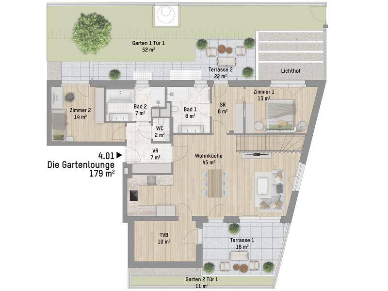 Grundriss der Gartenlounge mit offener Wohnküche, zwei Schlafzimmern, zwei Bädern und zwei Terrassen.