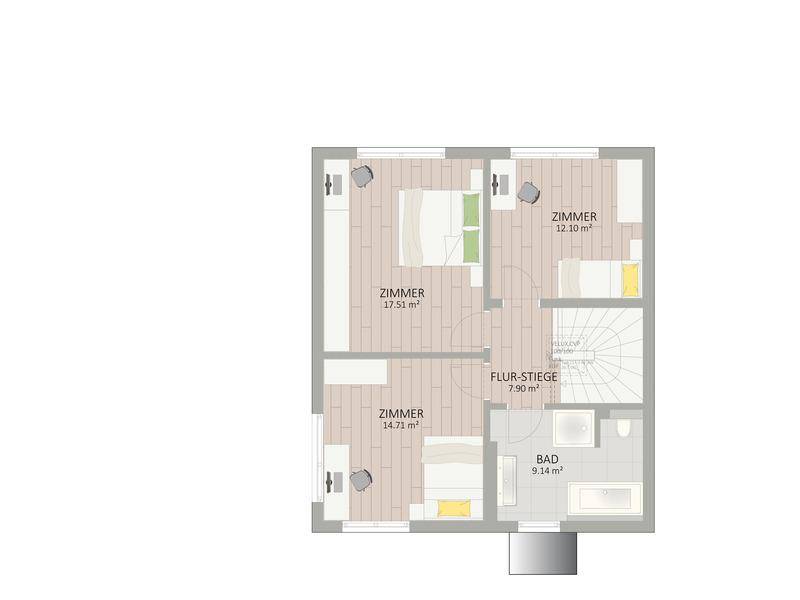 Grundriss des Obergeschosses mit drei Schlafzimmern, Flur und einem Badezimmer.