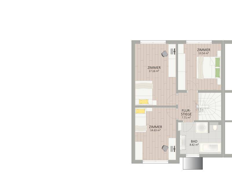 Grundriss des Obergeschosses mit drei Schlafzimmern, Flur und einem Badezimmer mit Badewanne.