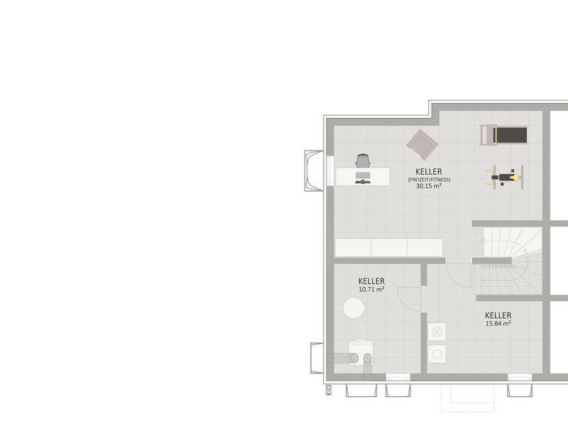 Grundriss des Kellers mit Freizeit-/Fitnessbereich, Abstellräumen und Waschküchenanschluss.
