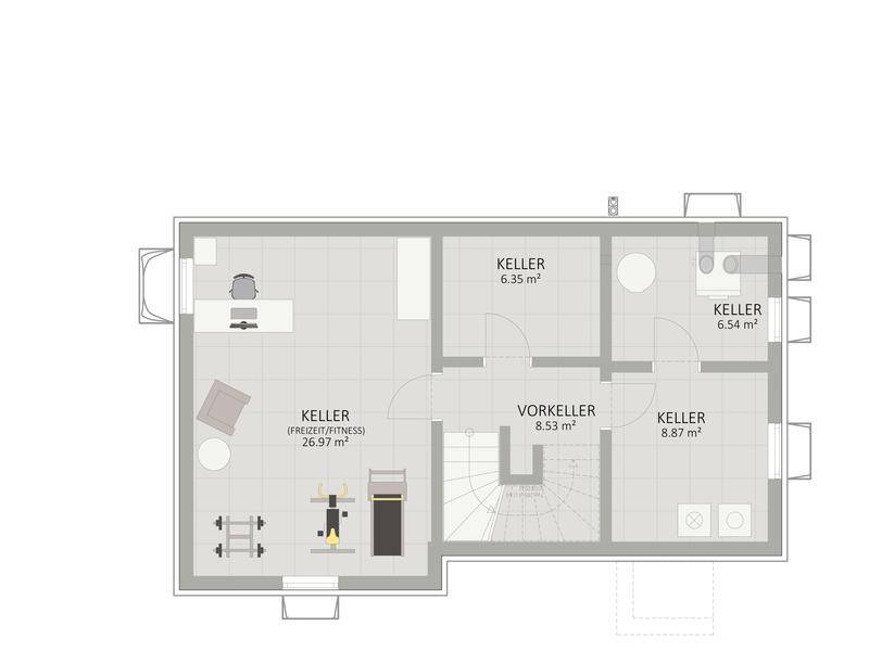 Grundriss des Kellers mit Fitnessbereich, Vorraum und mehreren Abstellräumen.