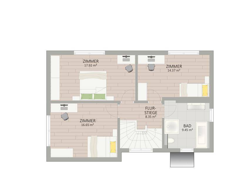 Grundriss des Obergeschosses mit drei Schlafzimmern, Flur und einem geräumigen Badezimmer.