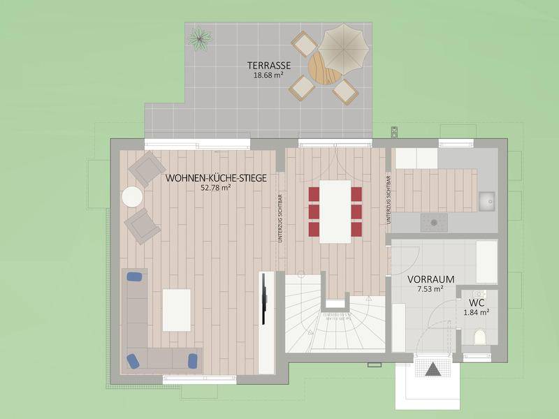 Grundriss des Erdgeschosses mit offenem Wohn-Essbereich, Küche und direktem Zugang zur Terrasse.