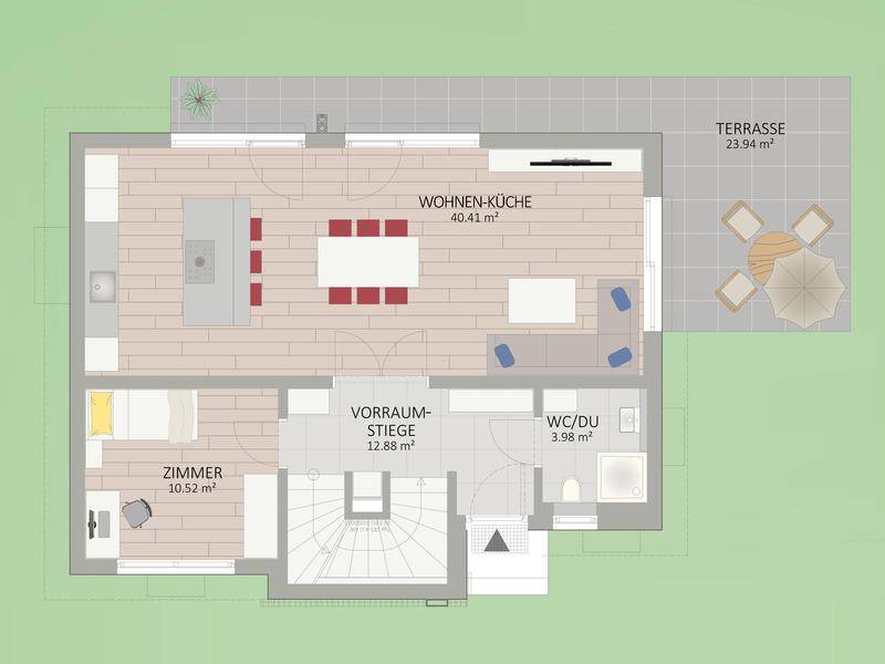 Grundriss des Erdgeschosses mit offener Wohnküche, einem Zimmer und direktem Zugang zur Terrasse.