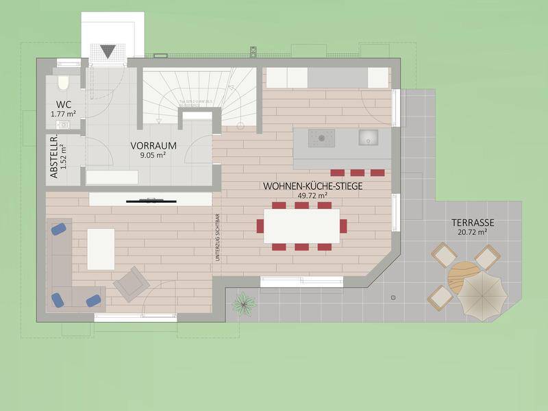 Grundriss des Erdgeschosses mit offener Wohnküche, Gäste-WC und großer Terrasse.