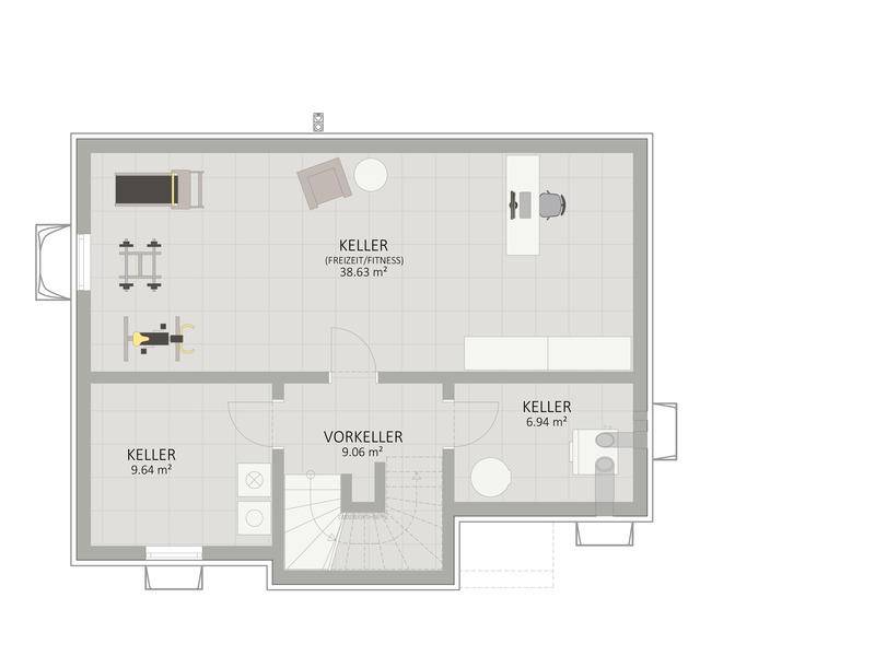 Grundriss des Kellers mit großem Freizeit- und Fitnessbereich, Abstellräumen und einem kleinen WC.