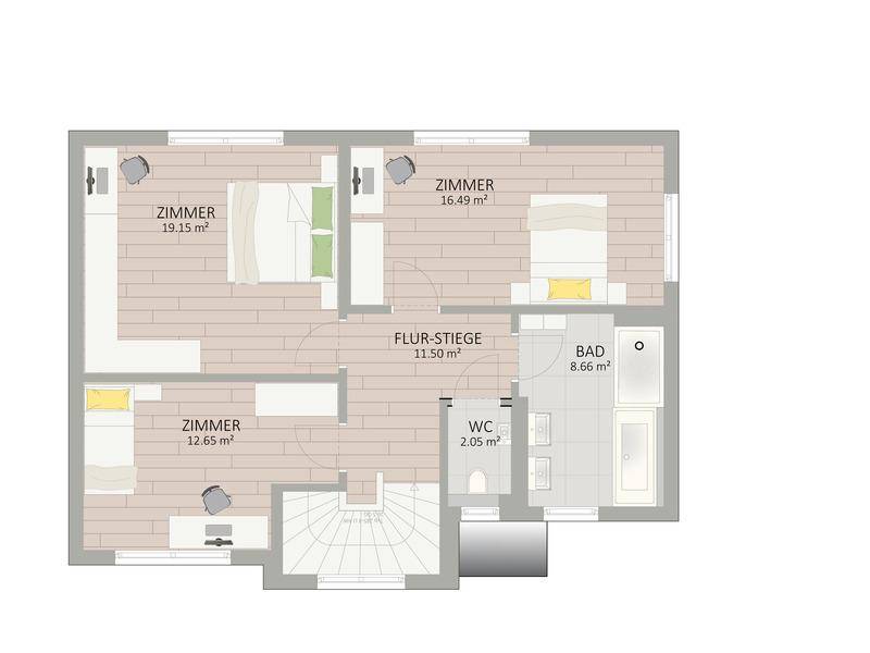 Grundriss des Obergeschosses mit drei Schlafzimmern, einem Badezimmer mit Badewanne und separatem WC.