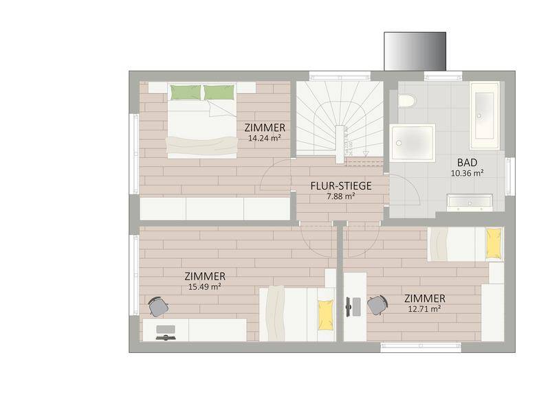 Grundriss des Obergeschosses mit drei Schlafzimmern und einem Badezimmer mit Badewanne.