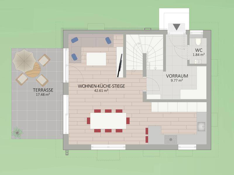 Grundriss des Erdgeschosses mit offenem Wohn-Essbereich, Küche und Zugang zur Terrasse.