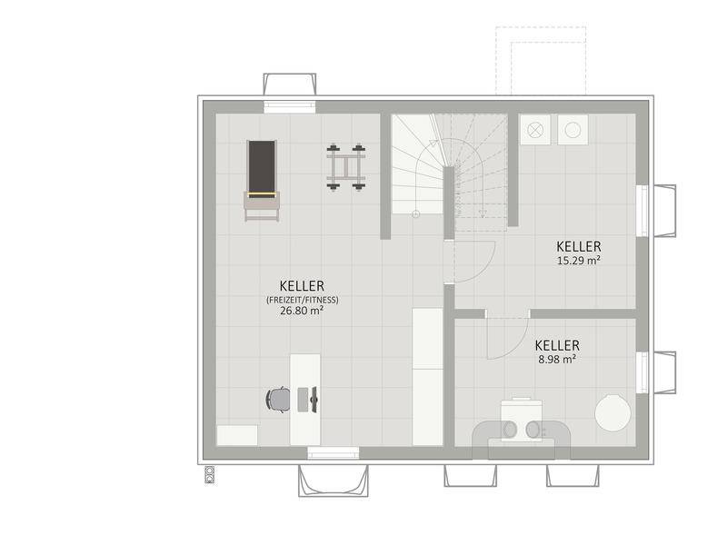 Grundriss des Kellers mit Fitnessbereich, Abstellräumen und Treppenzugang.