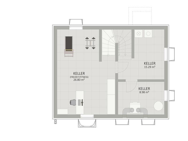 Grundriss des Kellers mit Fitnessbereich, Abstellräumen und Waschküche.
