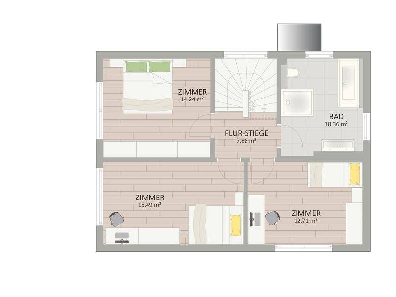 Grundriss des Obergeschosses mit drei Schlafzimmern und einem Badezimmer.