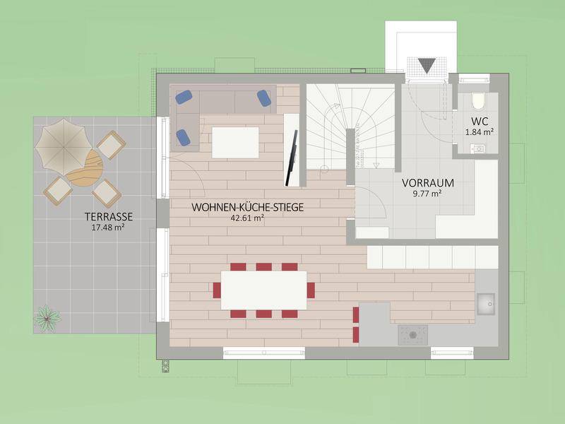 Grundriss des Erdgeschosses mit offener Wohnküche, Essbereich und Zugang zur Terrasse.