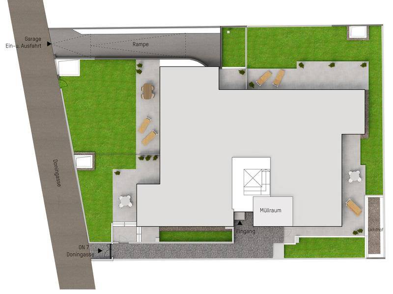 Grundriss des Erdgeschosses mit Garagenzufahrt, Rampe und umliegenden Grünflächen.