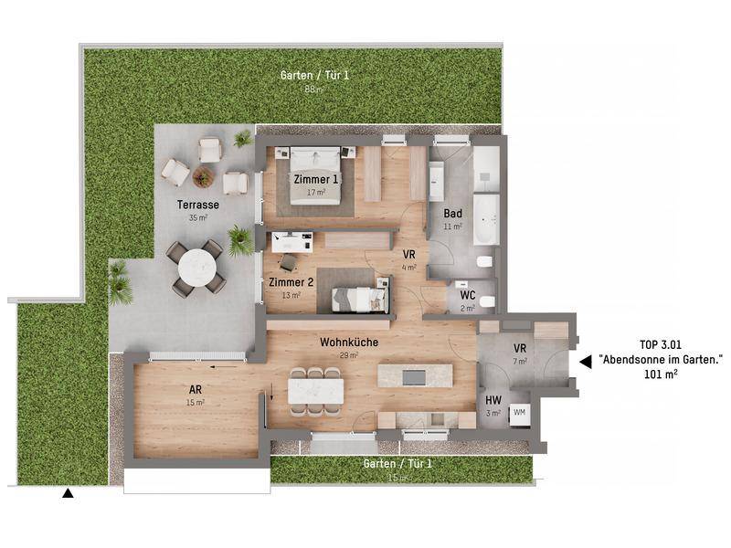 Grundriss einer Wohnung mit zwei Schlafzimmern, offenem Wohnbereich, großer Terrasse und Garten.