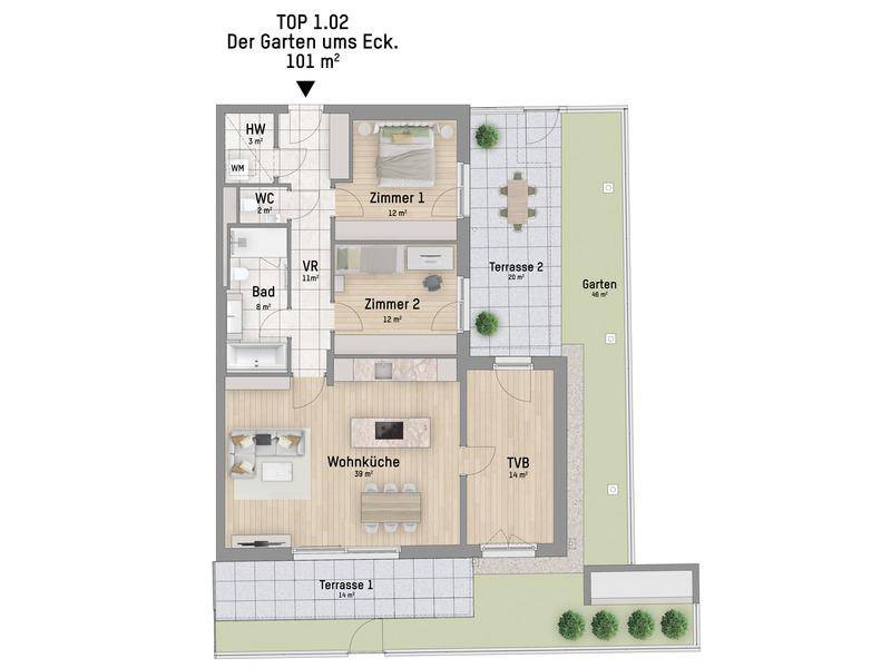 Grundriss einer 101 m² großen Wohnung mit Wohnküche, zwei Schlafzimmern, zwei Terrassen und Garten.