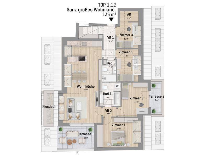 Grundriss einer Wohnung mit großzügigem Wohn-Essbereich, mehreren Zimmern und zwei Terrassen.