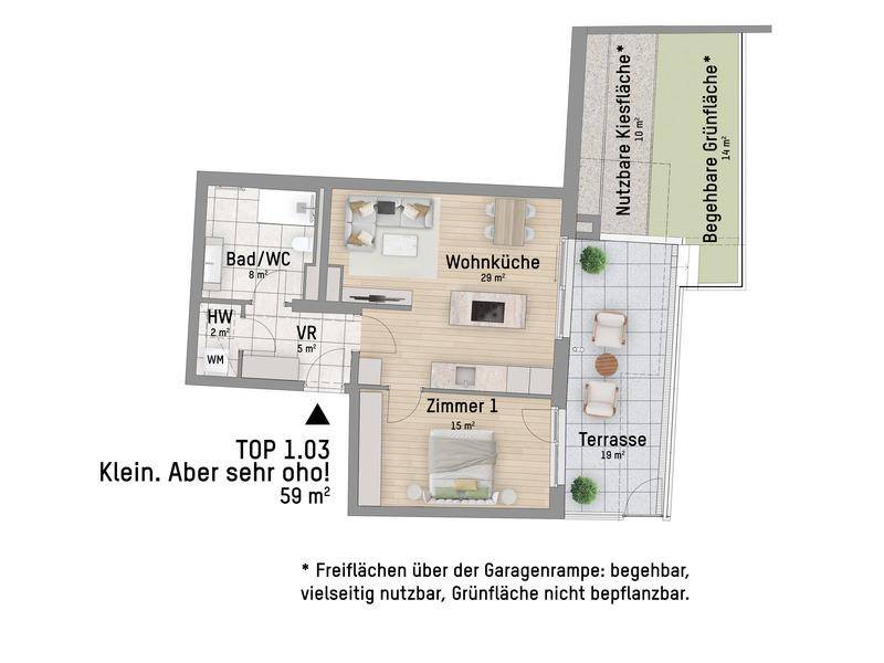 Detaillierter Grundriss einer Wohnung (TOP 1.03) mit Wohnküche, Schlafzimmer, Bad und großer Terrasse.