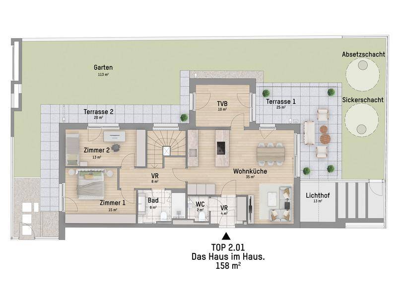 Grundriss der Hauptebene mit offener Wohnküche, zwei Schlafzimmern, zwei Terrassen und Garten.