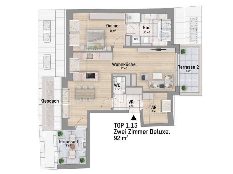 Grundriss einer modernen Wohnung mit offener Wohnküche, Schlafzimmer, Bad, separatem WC und zwei Terrassen.