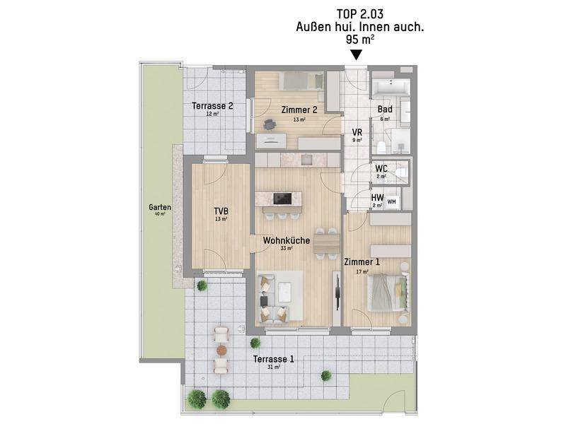 Detaillierter Grundriss einer Wohnung mit offener Wohnküche, zwei Schlafzimmern, zwei Terrassen und einem Garten.