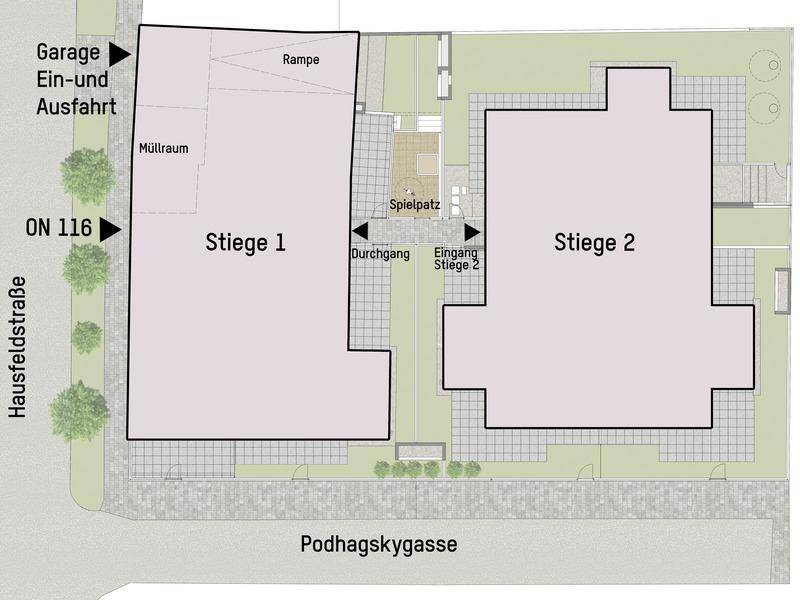 Übersichtsplan des Grundstücks mit zwei Gebäuden, Zufahrt zur Garage, Rampe und Kinderspielplatz.