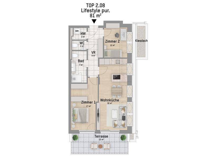 Grundriss der Wohnung TOP 2.08 mit offener Wohnküche, zwei Schlafzimmern und Terrasse.