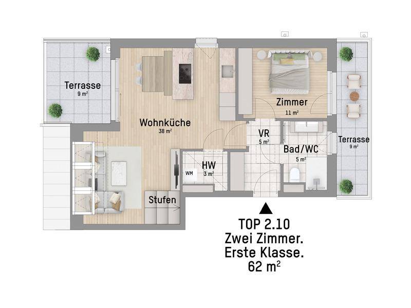 Moderner Grundriss einer Zwei-Zimmer-Wohnung mit offener Wohnküche und zwei Terrassen.