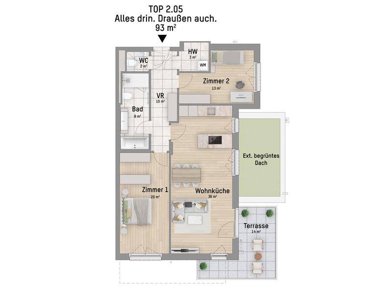 Grundriss der Einheit TOP 2.05 mit zwei Schlafzimmern, Wohnküche, Bad, WC und großer Terrasse mit begrüntem Dach.