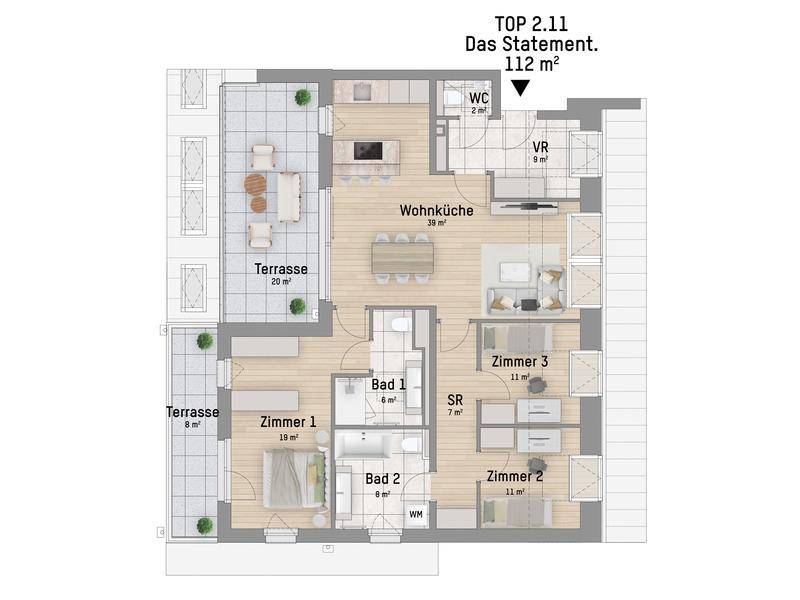 Grundriss einer Wohnung mit offener Wohnküche, drei Zimmern, zwei Bädern und zwei Terrassen.