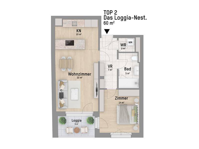Grundriss einer Wohnung mit offenem Wohnbereich, integrierter Küche, Schlafzimmer und Loggia.