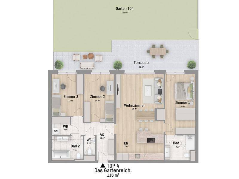 Grundriss einer Gartenwohnung mit drei Zimmern, offenem Wohnbereich, zwei Bädern, Terrasse und Garten.