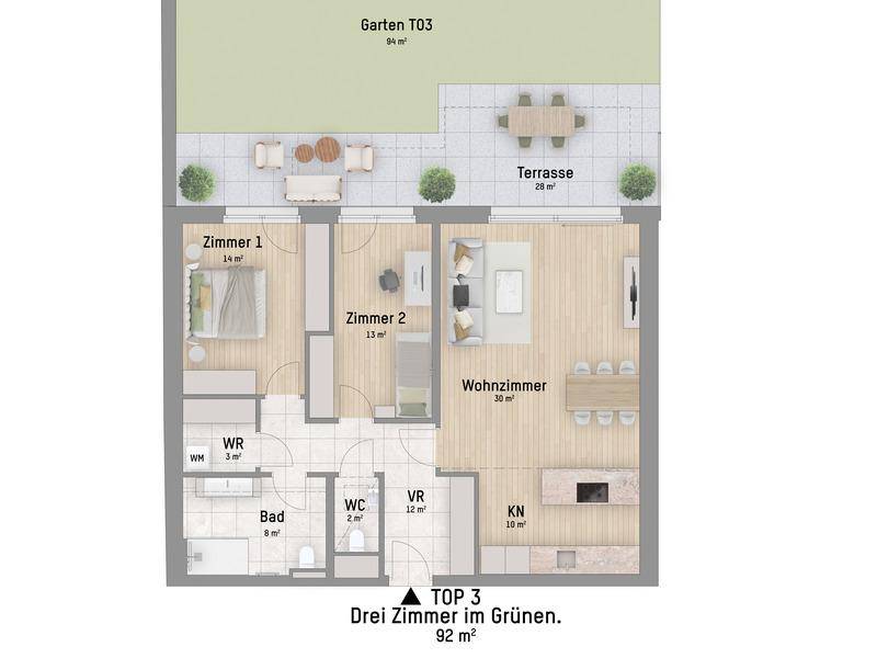 Grundriss einer Dreizimmerwohnung mit Wohnzimmer, zwei Schlafzimmern, Bad, WC, Terrasse und Garten.