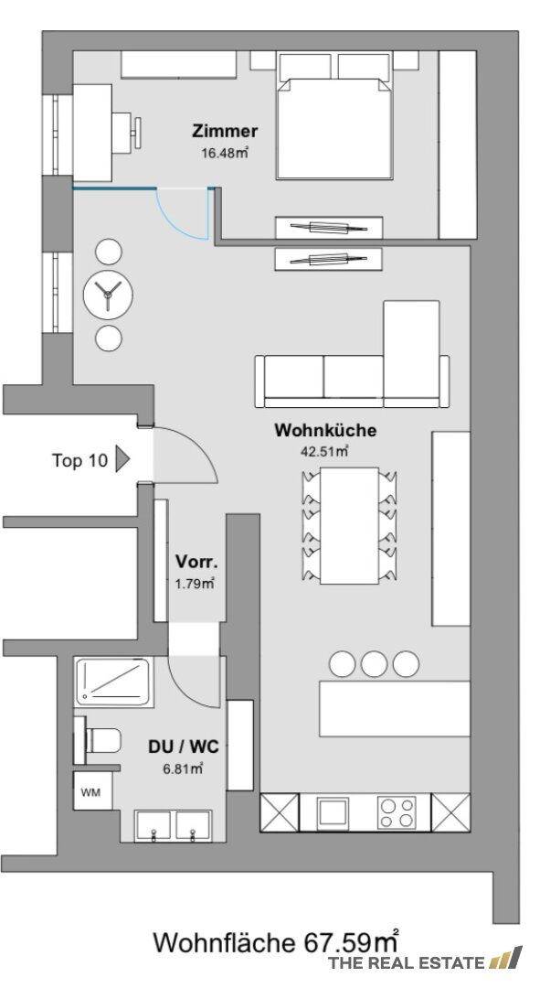 Grundriss der Wohnung Top 10 mit Wohnküche, Schlafzimmer und Bad.