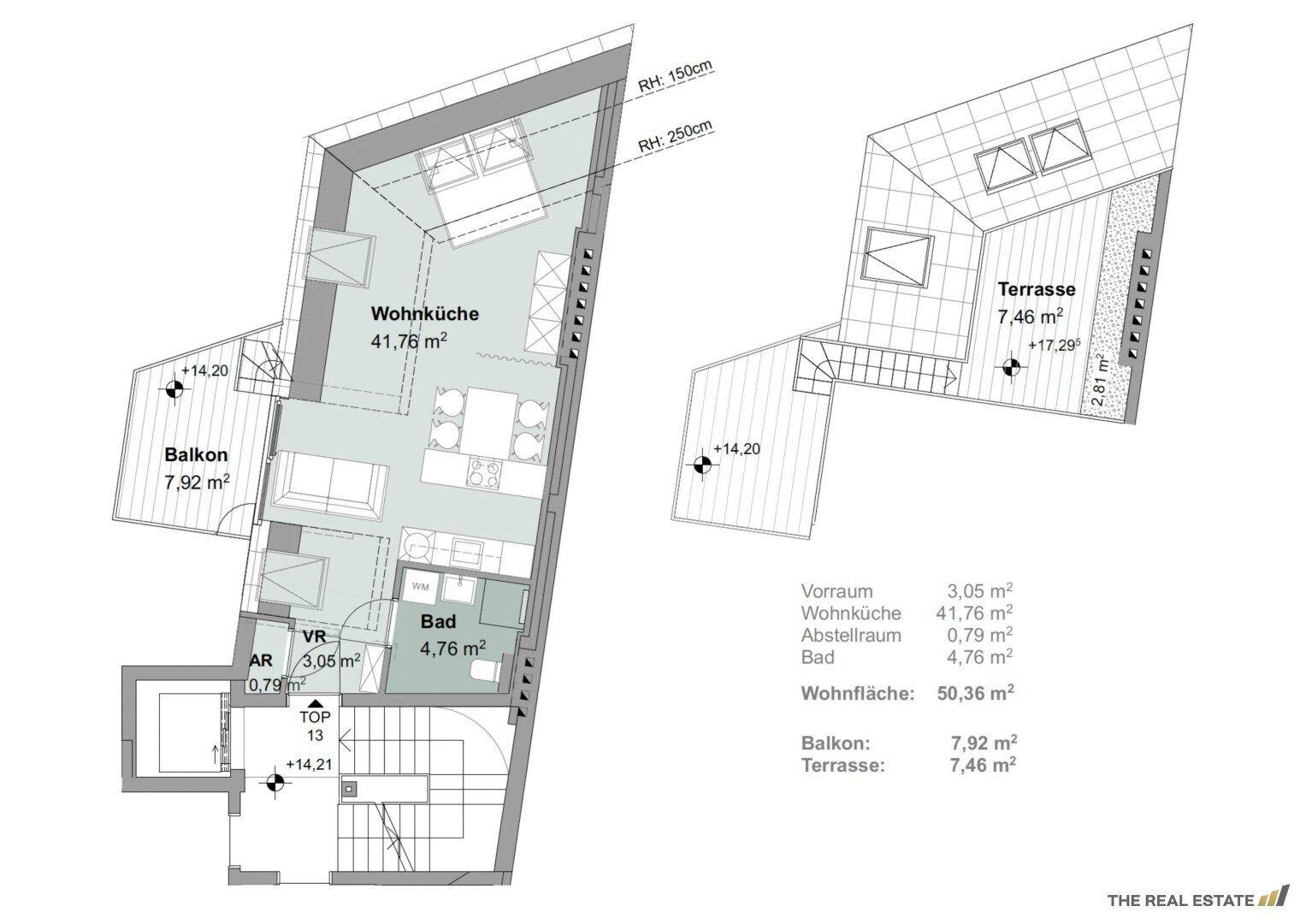Grundriss einer Maisonette-Wohnung mit offener Wohnküche, Bad, Balkon und einer Dachterrasse auf der oberen Ebene.