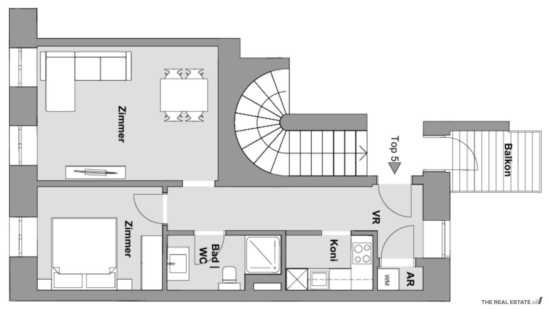 Grundriss einer Maisonette-Wohnung mit offenem Wohnbereich, zwei Zimmern, Bad, WC, Wendeltreppe und Balkon.