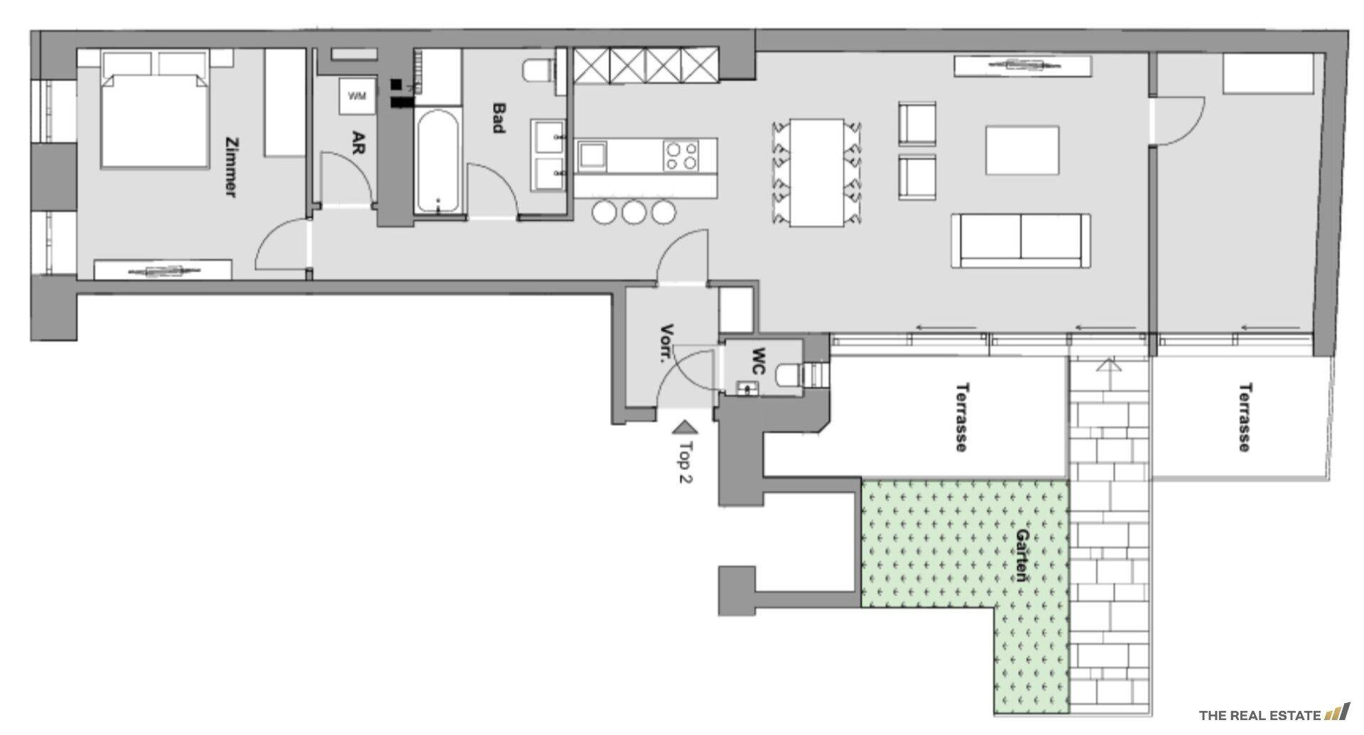 Grundriss zeigt eine Wohnung mit Schlafzimmer, offenem Wohnbereich, Bad, separatem WC, Terrasse und Garten.
