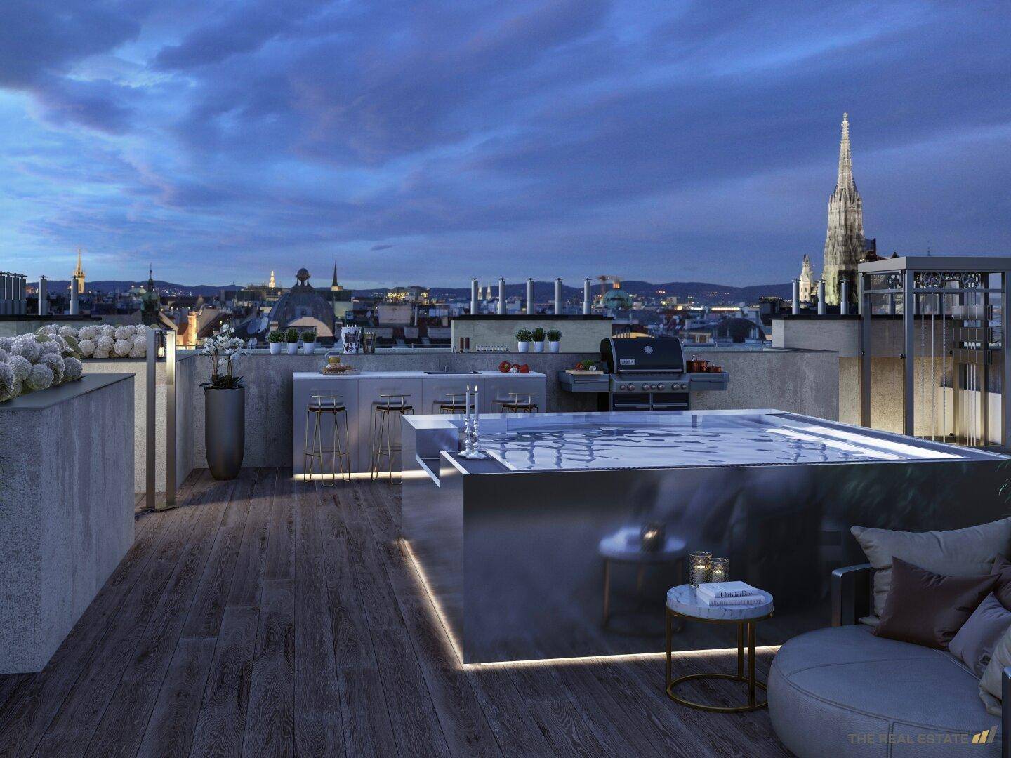 Exklusive Dachterrasse mit Pool, Lounge-Bereich und voll ausgestatteter Außenküche mit Stadtblick.